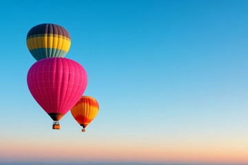 Fototapeta premium Colorful hot air balloons floating in clear blue sky at sunset