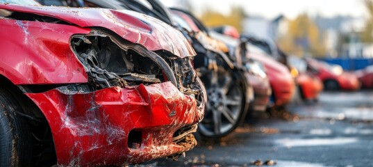 A Row of Wrecked Cars in Salvage Junkyard, Highlighting Damaged Automobile After Accidents