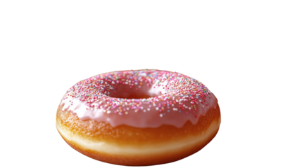 Pink Sprinkle Donut: A close-up shot of a freshly-baked pink frosted donut adorned with sprinkles, showcasing the enticing texture and delectable appearance of this classic sweet treat.