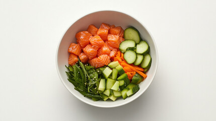 fresh and colorful poke bowl with diced salmon, cucumber, carrots, and snap peas, arranged neatly in white bowl on light background