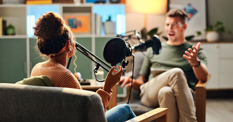 Woman, man and podcast with mic, recording and home studio with smile for live streaming on social media. People, happy and interview with chat, story and gossip with internet culture on web show