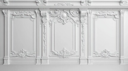 Fototapeta premium Ornate white wall paneling with detailed carvings.