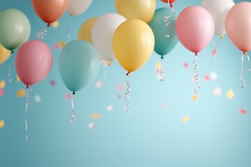 Colorful balloons floating with streamers against a blue background