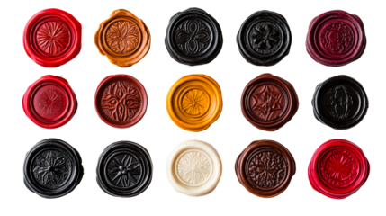Collection of wax seals, vintage stamps, multicolored, cut out transparent