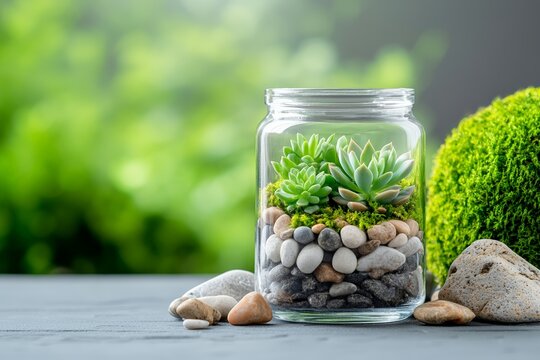 Succulent terrarium with pebbles and moss in glass jar on wooden table