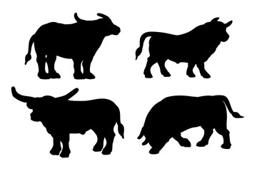 Silhouette, Large wild animal buffalo, black and white image. Vector drawing.