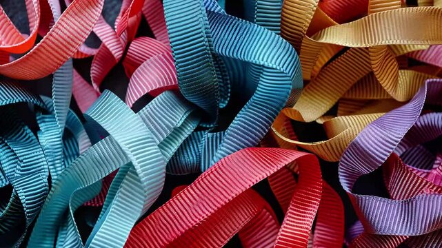 A vibrant array of textured ribbons in multiple colors sprawls across a flat surface, highlighting their unique tones and patterns under soft, natural lighting.