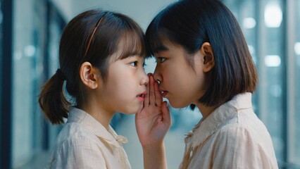 Two young girls in a room, having a quiet and secretive conversation. One girl is whispering into the other's ear.