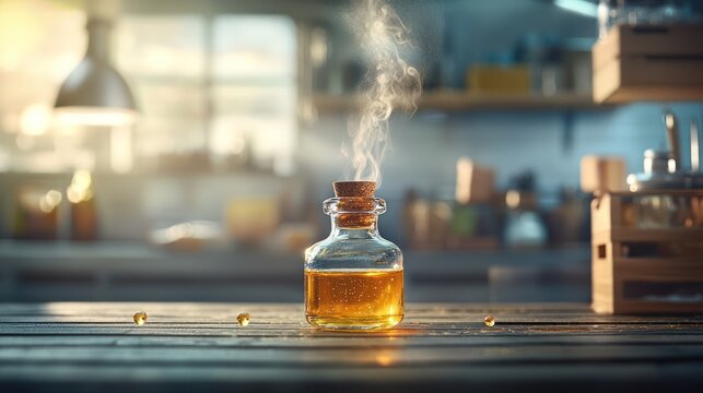 Golden elixir on wooden table