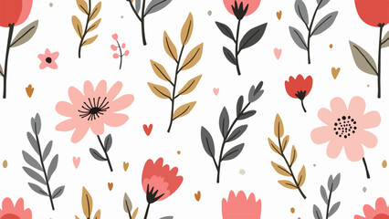 Seamless pattern with flowers, Hand drawn Flowers and branches in Scandinavian style	