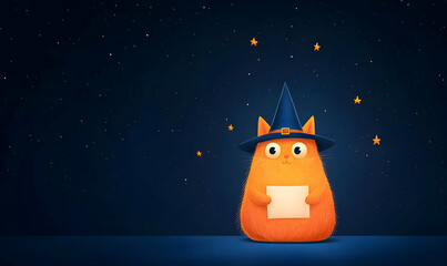 Enchanting Orange Cat in Wizard Hat Holding Blank Sign Against Starry Sky