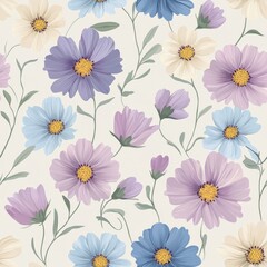 Obraz premium Pastel Cosmos Flowers Seamless Pattern in Blue Purple and White on Cream Background