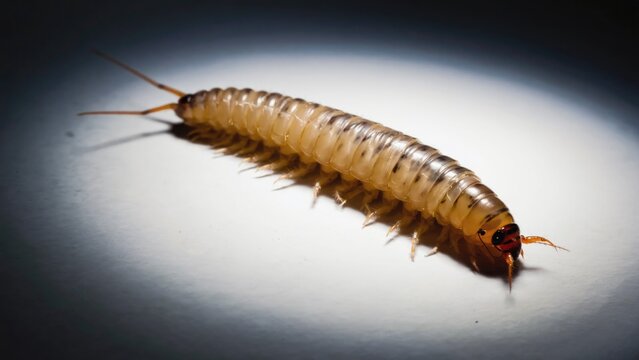 A close-up photo of a centipede with its long body segmented into sections.