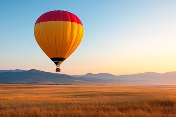Vibrant hot air balloon soaring over serene sunset landscape with mountains