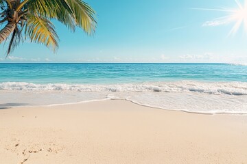 Tropical beach with palm trees and clear blue ocean waves under a sunny sky