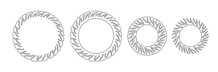 Minimalist circular frames with organic, flowing lines resembling roots or flames. Outline wreaths for text decoration, invitations and logo design