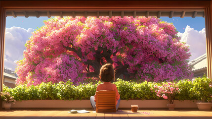 Person Sitting in Cozy Chair on Balcony Enjoying Sakura Tree View