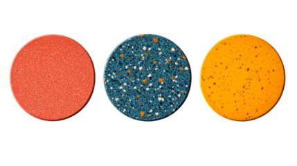 Three colorful terrazzo circles, decoration, surface, sample, cut out transparent