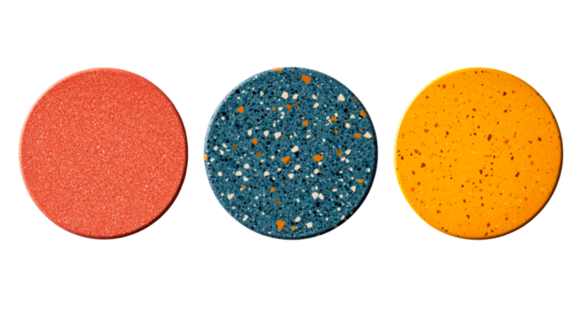 Three colorful terrazzo circles, decoration, surface, sample, cut out transparent