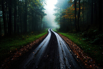 Obraz premium Mysterious Foggy Forest Road: A Journey into the Serene and Picturesque Nature