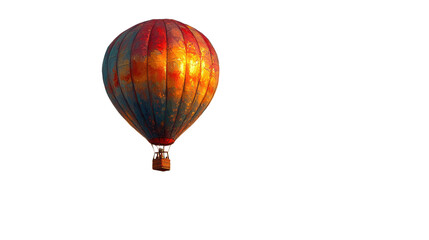 Obraz premium Hot Air Balloon at Dawn: A vibrant hot air balloon, painted in shades of red, orange, and blue, floats gracefully against a clear sky, capturing the warmth of sunrise.