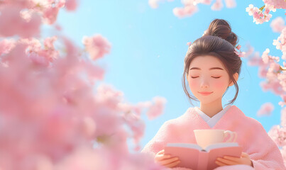 Peaceful Moment Under Cherry Blossom with Tea and Book