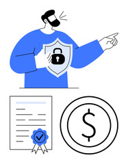 Man pointing while holding shield with lock symbol, certificate with seal, and dollar sign coin. Ideal for security, finance, protection, trust, technology compliance agreements. Flat simple