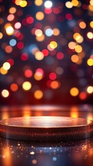 An empty, round, glitter podium sits on a stage with colorful bokeh lights in the background, creating a festive and celebratory atmosphere, perfect for showcasing a product or award