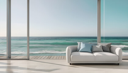 Coastal Interior With Gray Sofa And Ocean View 
