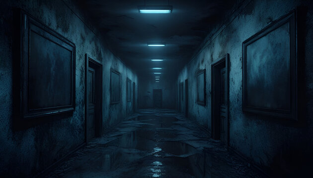 Eerie Abandoned Hallway With Dim Blue Lighting And Decay
