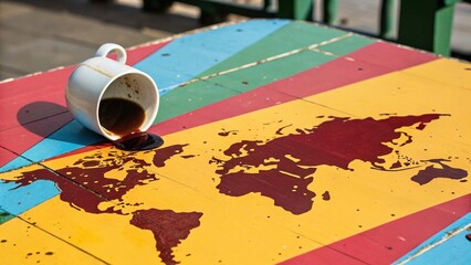 Coffee on map detail, highlighting the travel and beverage theme.
