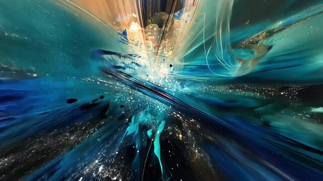 A dynamic explosion of colors fills the canvas, blending deep blues with hints of gold and white, creating a mesmerizing depiction of cosmic energy and movement.