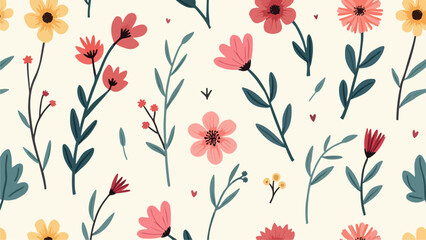 Spring Floral Seamless Pattern, abstract seamless pattern with flowers and branches, background graphic design print vector illustration, vintage colors.	