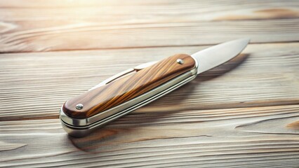 Minimalist Penknife on Wooden Background - Sharp Steel Blade, Pocket Tool