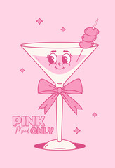 Vintage Groovy Glass Cocktail Character with Coquette Pink Ribbon Bow. Aesthetic Drink Martini with Olives. Romantic Girly Vibe. Vector illustration. Trendy poster 70s, 80s style with Cool Quote
