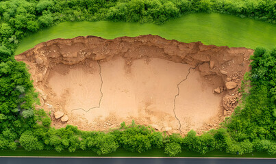 Aerial View of Risk Zone with Cracked Ground and Green Surroundings