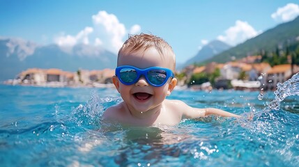 Naklejka premium Joyful baby enjoying summer swim images