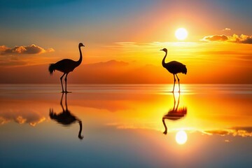 Minimalist Silhouette: Two Ostrich Reflections at Sunset, African Savanna