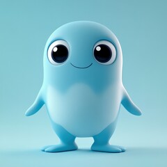 Cute blue character smiling in minimalist studio setting 3d animation whimsical environment playful viewpoint