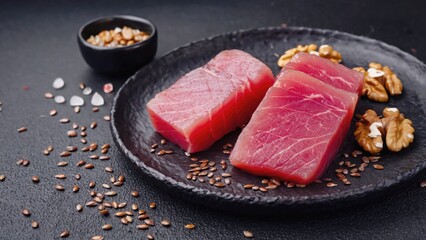 A gourmet sushi plate featuring raw tuna. Accompanied by sesame seeds and nuts to enhance flavor.