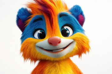 Fototapeta premium A cheerful, colorful, furry creature with bright blue and orange fur, smiling playfully.