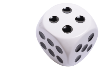 Isolated large white die or dice with black dots on transparent background, template of a die or dice, gambling addiction or table game concept, PNG
