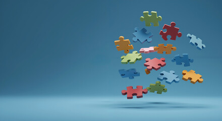 Colorful puzzle pieces floating against blue background. Autism awareness concept with scattered elements. Neurodiversity and inclusion. Support services, educational programs, healthcare initiatives