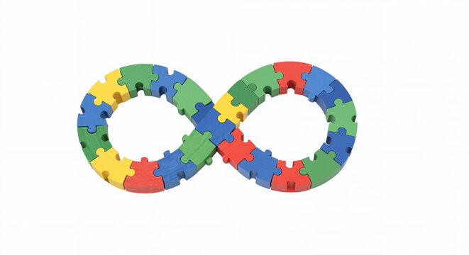 Infinity symbol made from colorful puzzle pieces against white background. Neurodiversity. red, blue, green and yellow elements. Autism awareness, acceptance. Support service, healthcare initiatives.
