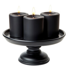 a black candle holder with three candles isolated on transparent background