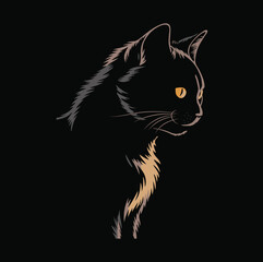 This stunning digital illustration features a black cat in a side-profile pose, set against a deep black background. The cat's sleek fur is highlighted with artistic strokes in subtle shades of grey