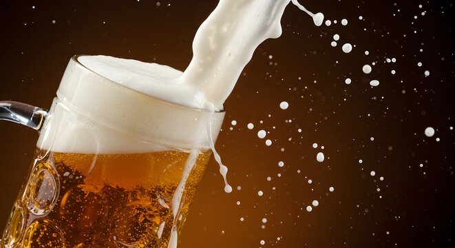 glass of beer, beer with overflowing foam, pouring beer into glass