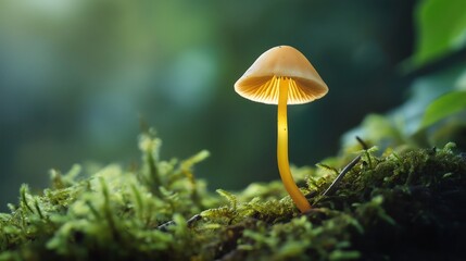 Fototapeta premium A macro photograph of a tiny mushroom growing among moss, showcasing its delicate cap and stem.