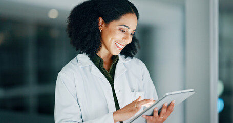 Research, science and woman in lab, tablet and internet with medical innovation. Person, scientist and expert in workplace, technology and email with results, experiment and digital app with smile