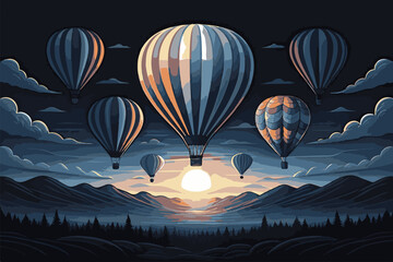 Obraz premium Serene scenic landscapes featuring natural beauty and peaceful scenery in vector and EPS formats. Colorful Hot Air Balloons Over Mountainous Landscape at Sunset